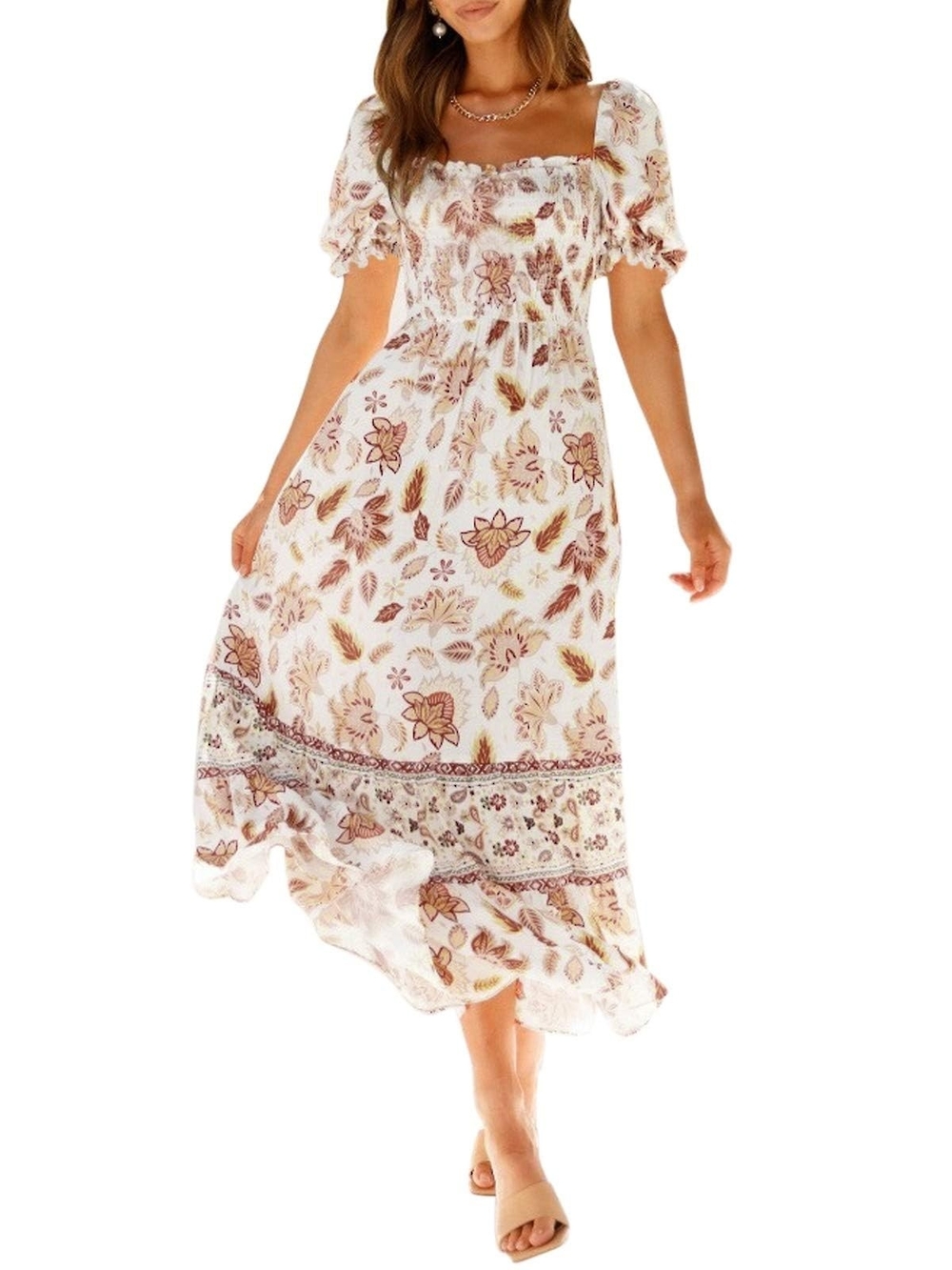 Boho Floral Square-Neck Maxi Dress in White And Orange